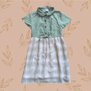Sage green button plaid dress bow girls